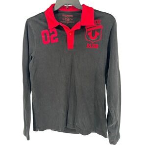 True Religion Y2K Shirt Medium World Tour Rugby Polo Long Sleeve‎ Mens Black Red